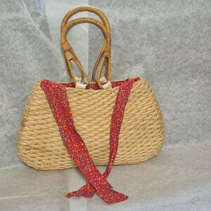 Boho Vintage Woven Straw Bag with Red Ditsy Floral Lining & Bamboo Handles